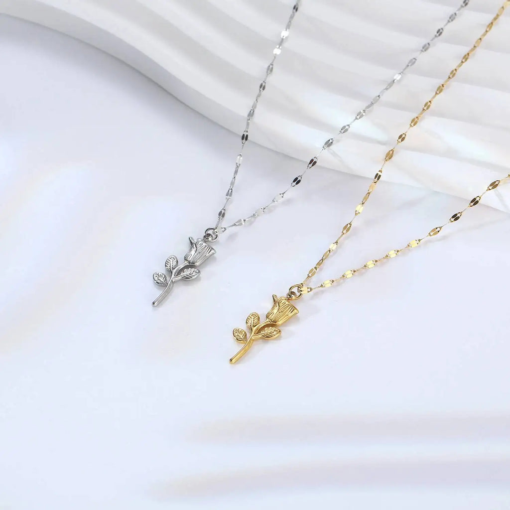 Stainless Steel Delicate Rose Flower Pendant Necklace Jewelry Gift