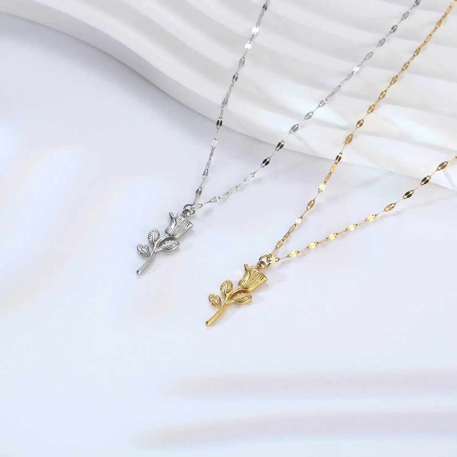 Stainless Steel Delicate Rose Flower Pendant Necklace Jewelry Gift