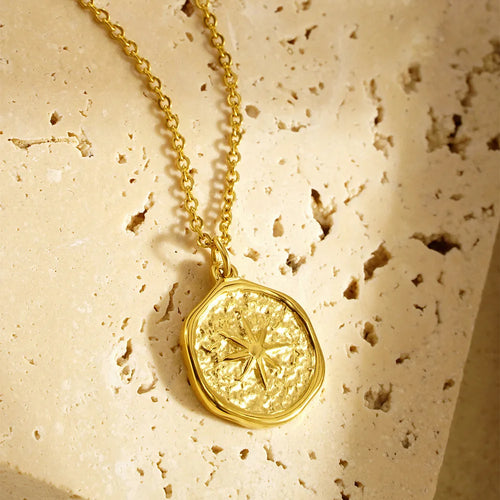 Irregular Gold Pleated Eight Pointed Star Pendant Necklace Stainless Steel Jewelry