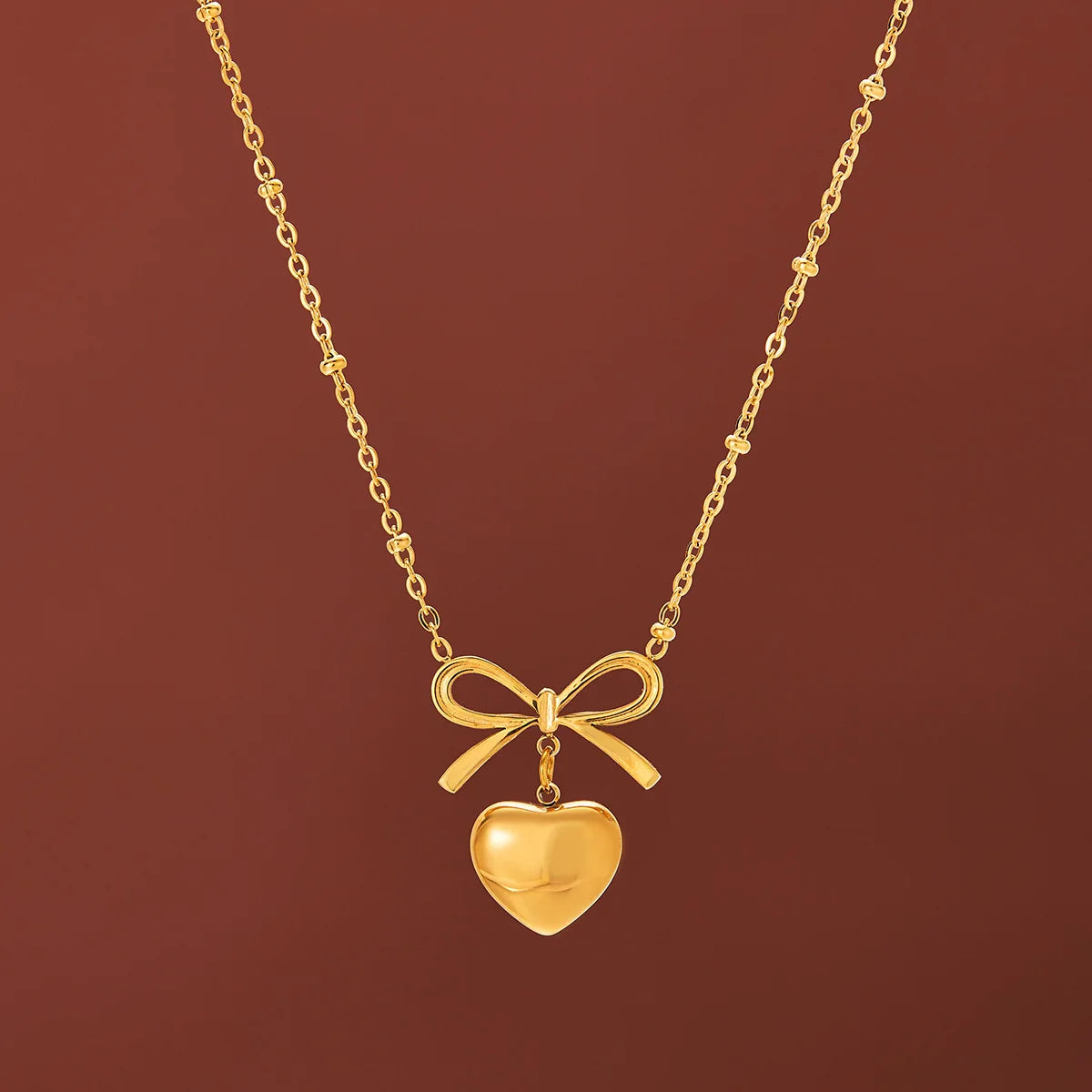 Elegant Bow Knot Heart Necklace Stainless Steel 18K Gold Jewelry