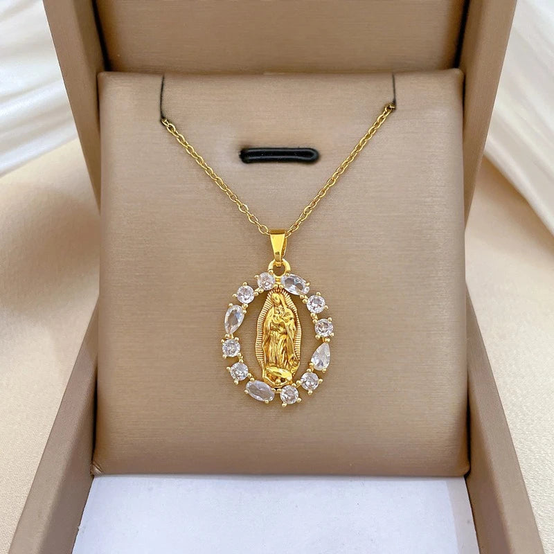 Zircon Virgin Mary Pendant Necklace for Women Religious Gifts for Lover