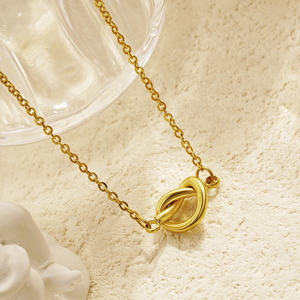 Stainless Steel Love Tie a Knot Gold Plated Pendant Necklace Jewelry Gift For Her