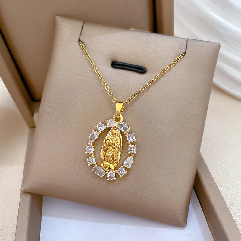 Zircon Virgin Mary Pendant Necklace for Women Religious Gifts for Lover