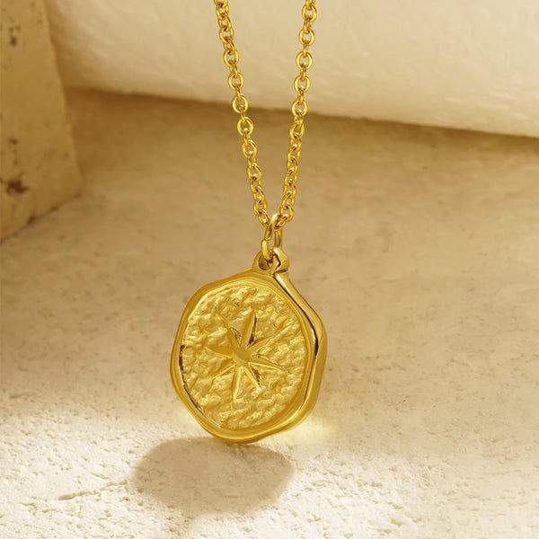 Irregular Gold Pleated Eight Pointed Star Pendant Necklace Stainless Steel Jewelry