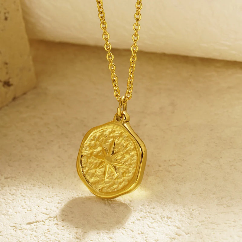 Irregular Gold Pleated Eight Pointed Star Pendant Necklace Stainless Steel Jewelry