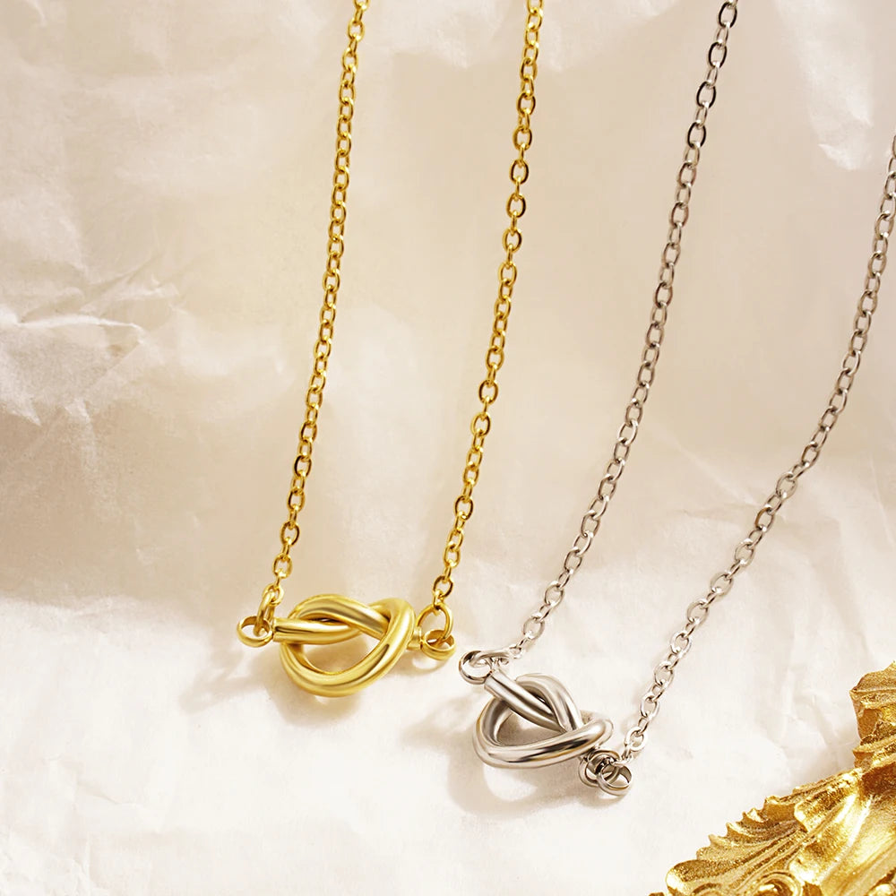 Stainless Steel Love Tie a Knot Gold Plated Pendant Necklace Jewelry Gift For Her