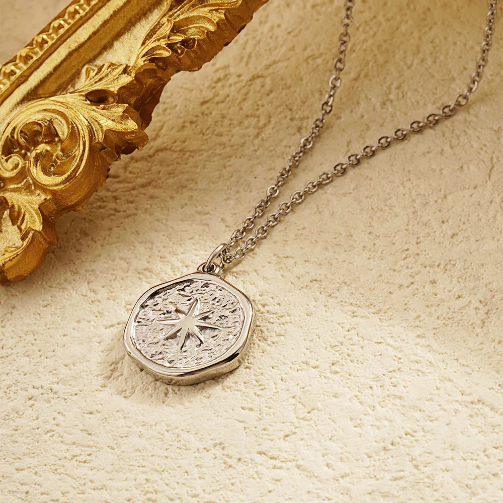 Irregular Gold Pleated Eight Pointed Star Pendant Necklace Stainless Steel Jewelry