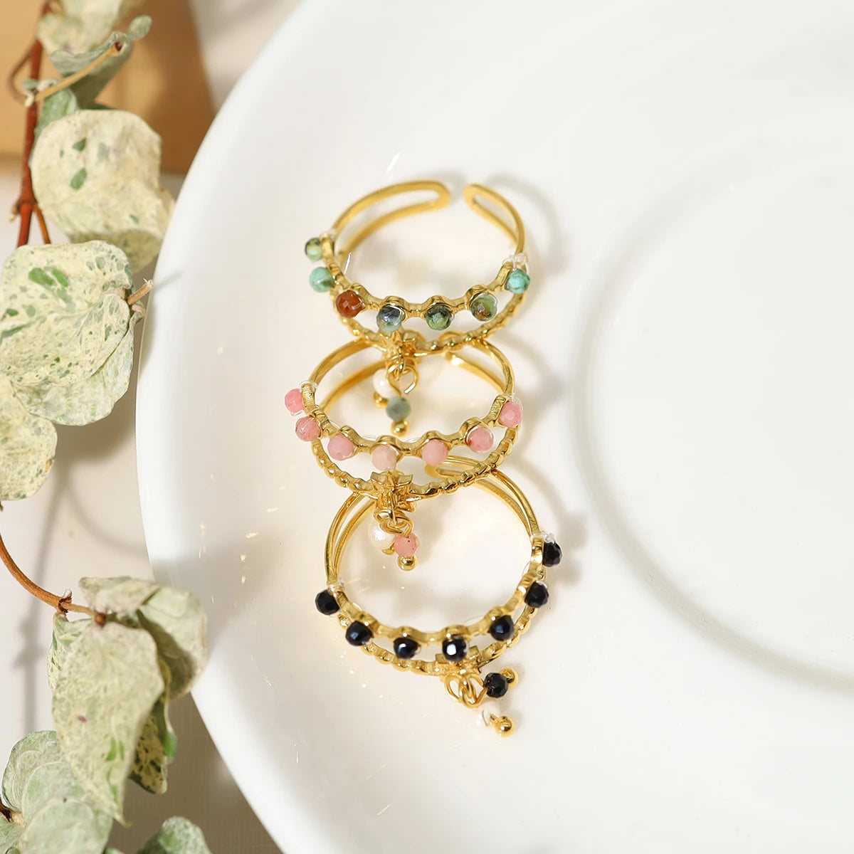 Natural Stone Crystal Natural Stone Crystal Charms Rings Stainless Steel