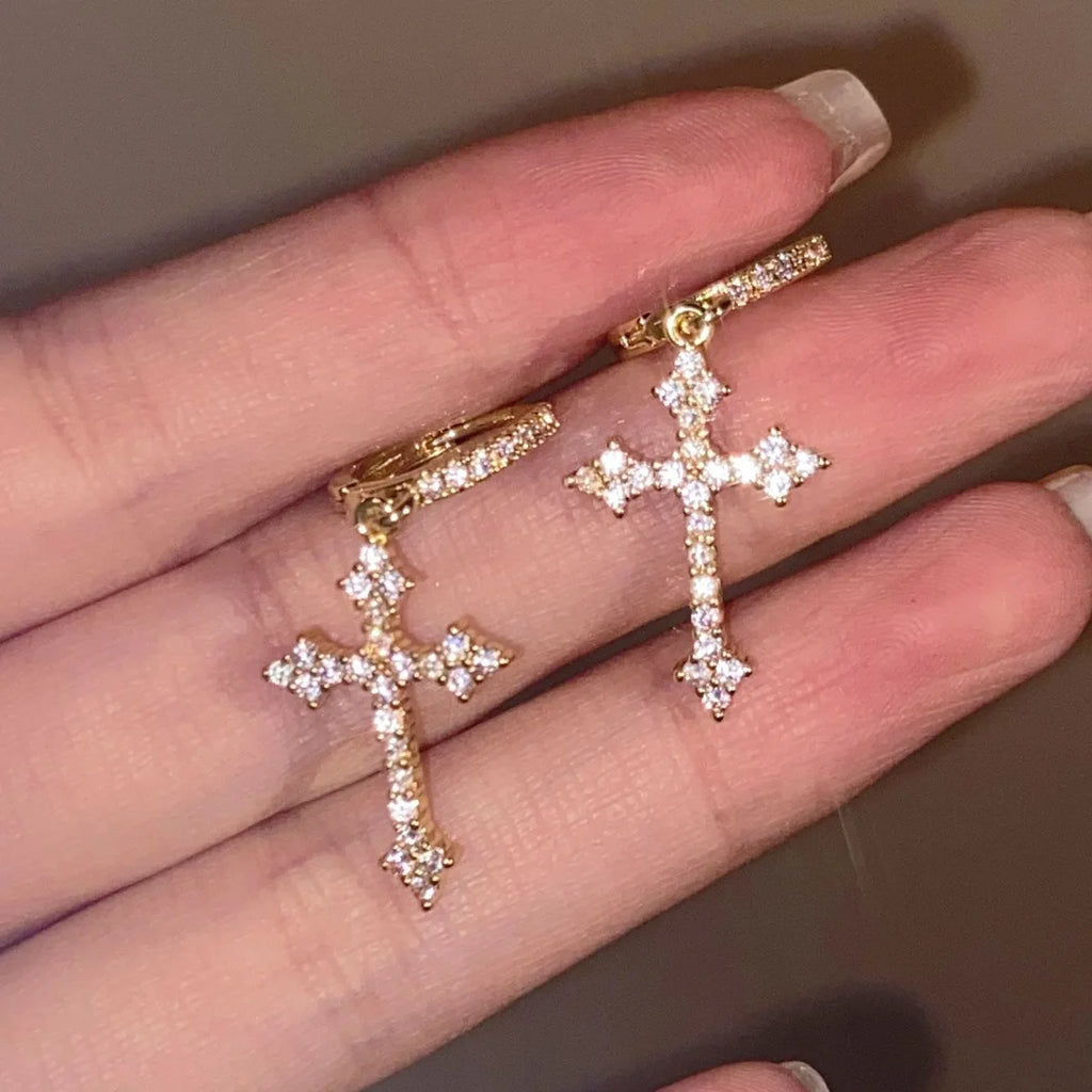 Rhinestone Cross Earrings Zircon Drop Earring for Women Grunge Earrings Jewelry