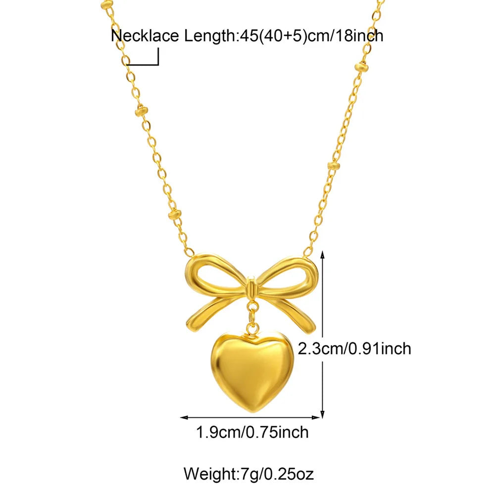 Elegant Bow Knot Heart Necklace Stainless Steel 18K Gold Jewelry