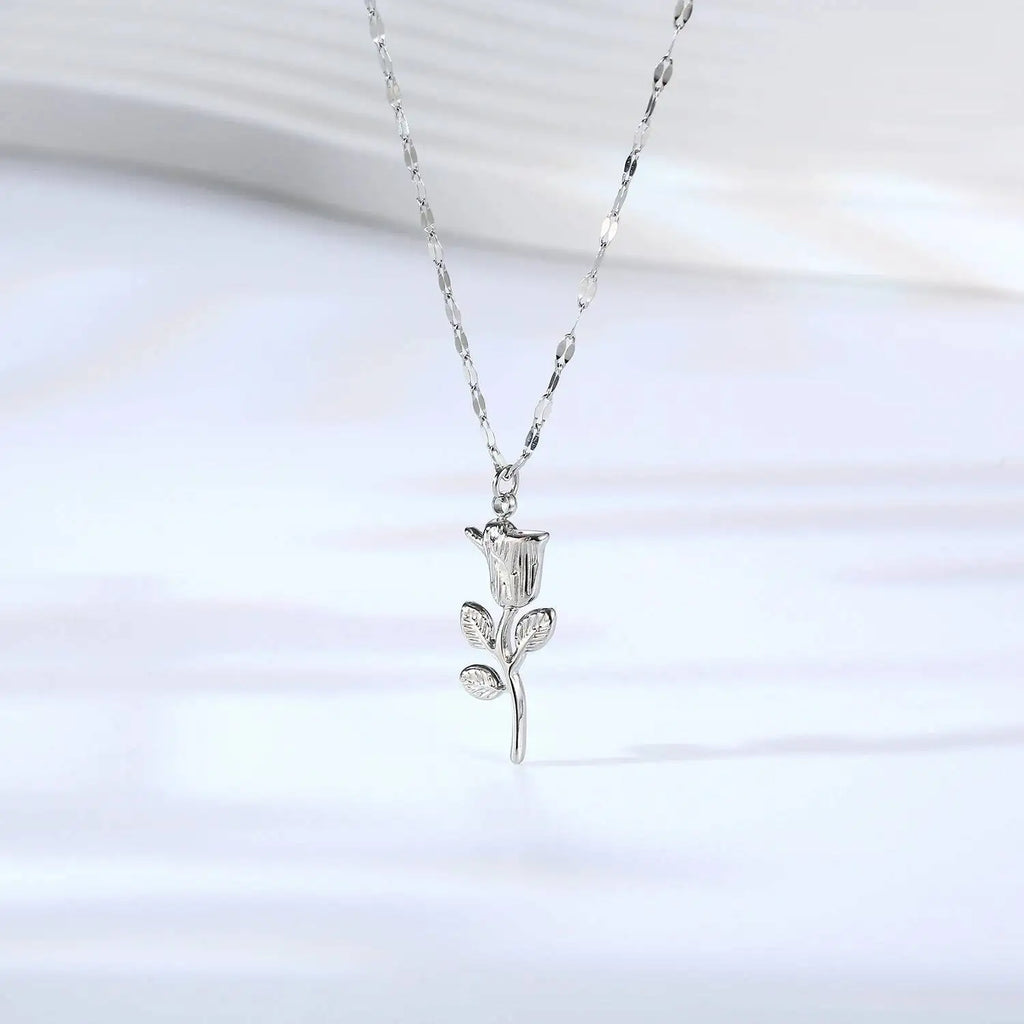 Stainless Steel Delicate Rose Flower Pendant Necklace Jewelry Gift