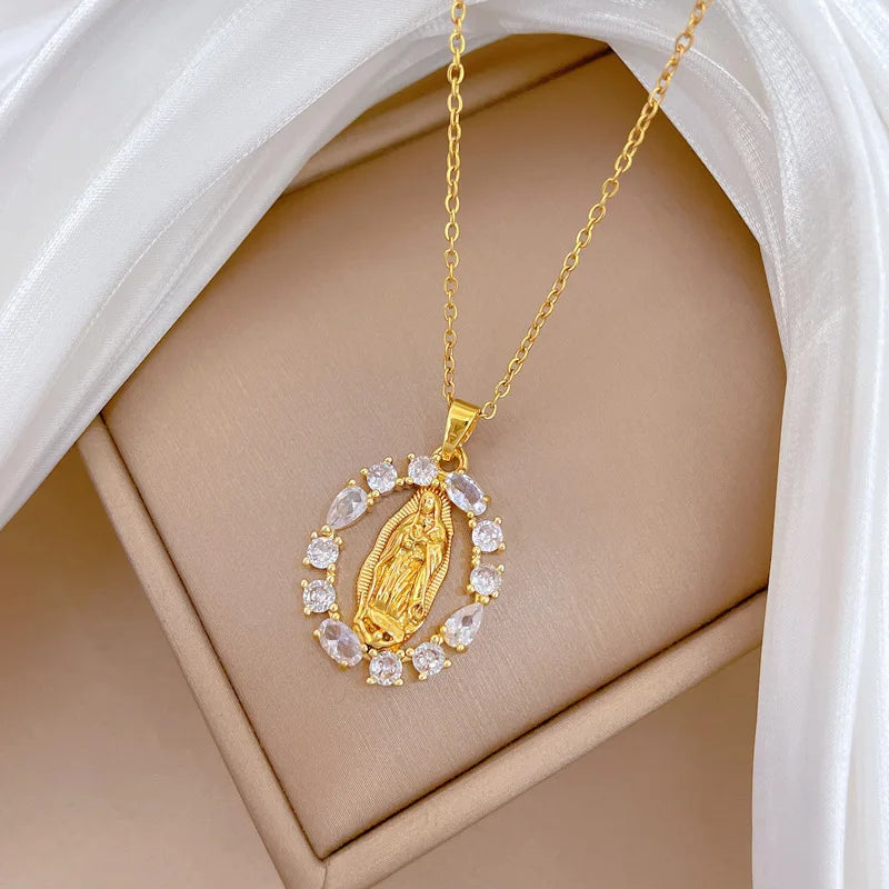 Zircon Virgin Mary Pendant Necklace for Women Religious Gifts for Lover