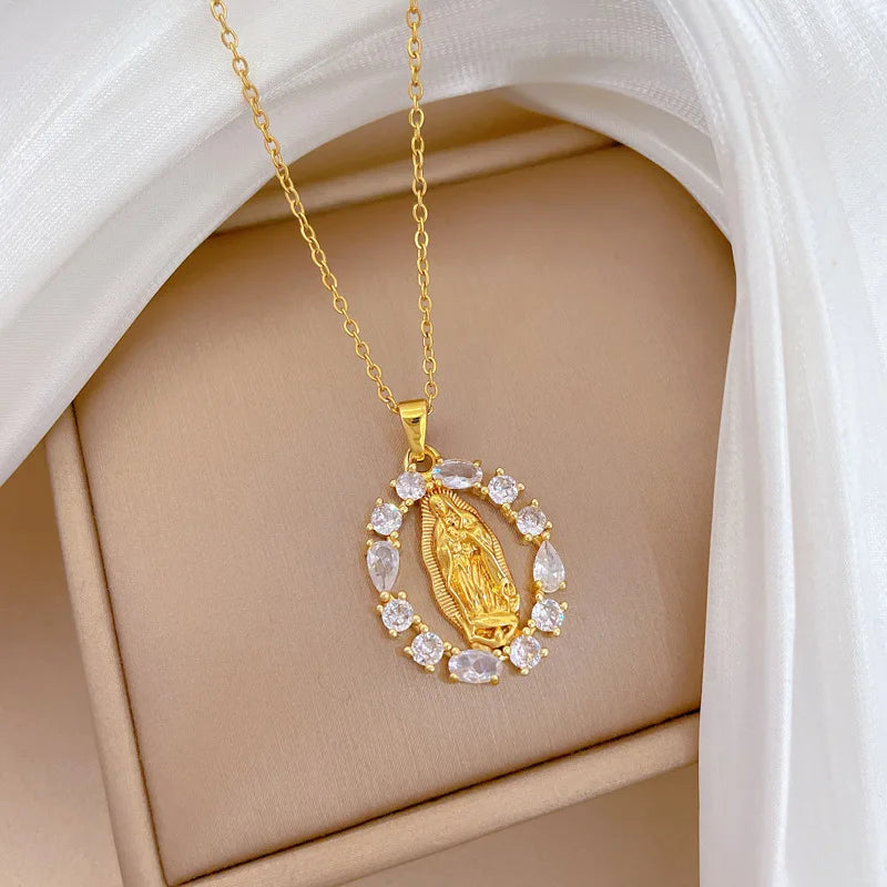 Zircon Virgin Mary Pendant Necklace for Women Religious Gifts for Lover