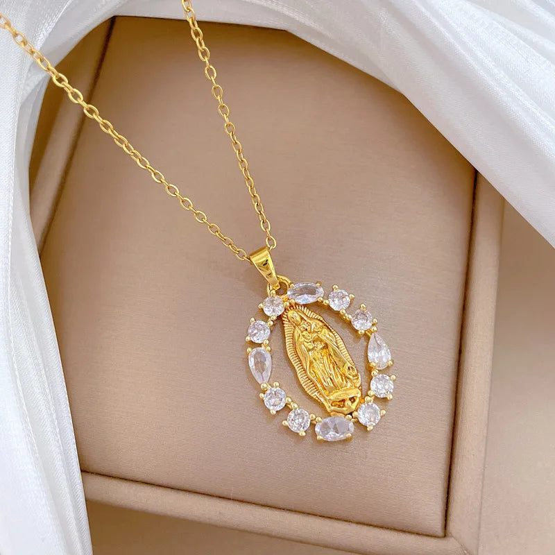 Zircon Virgin Mary Pendant Necklace for Women Religious Gifts for Lover