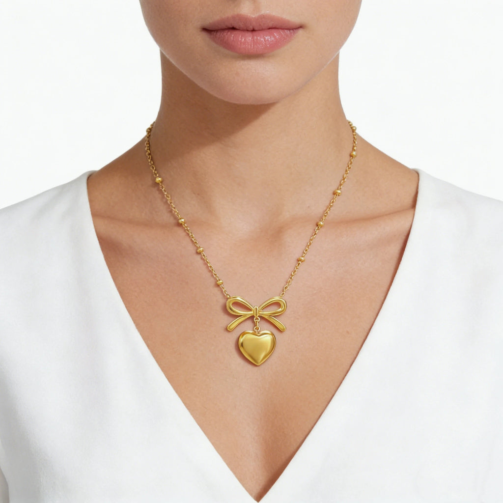 Elegant Bow Knot Heart Necklace Stainless Steel 18K Gold Jewelry