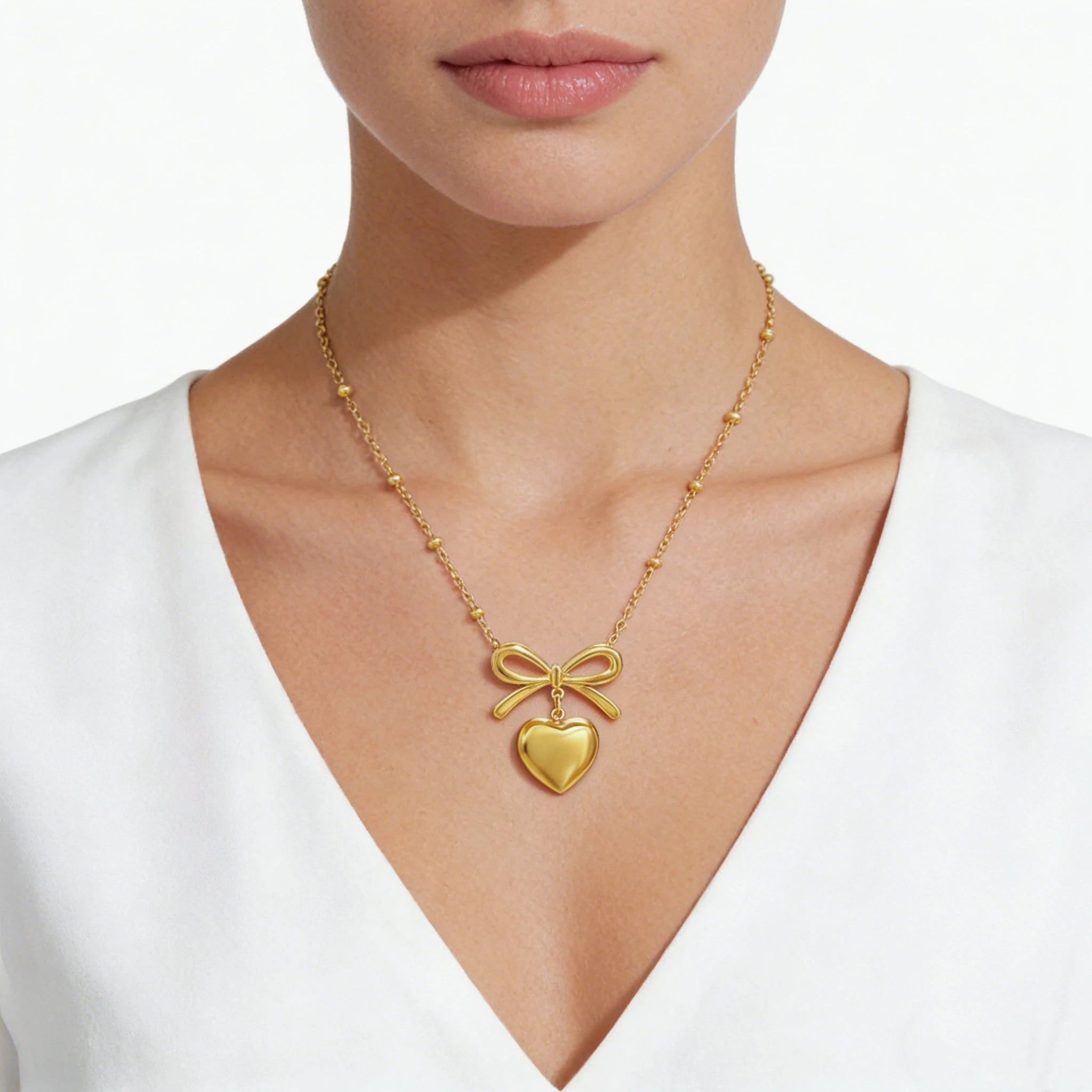 Elegant Bow Knot Heart Necklace Stainless Steel 18K Gold Jewelry