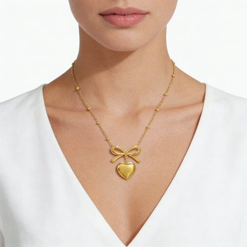 Elegant Bow Knot Heart Necklace Stainless Steel 18K Gold Jewelry