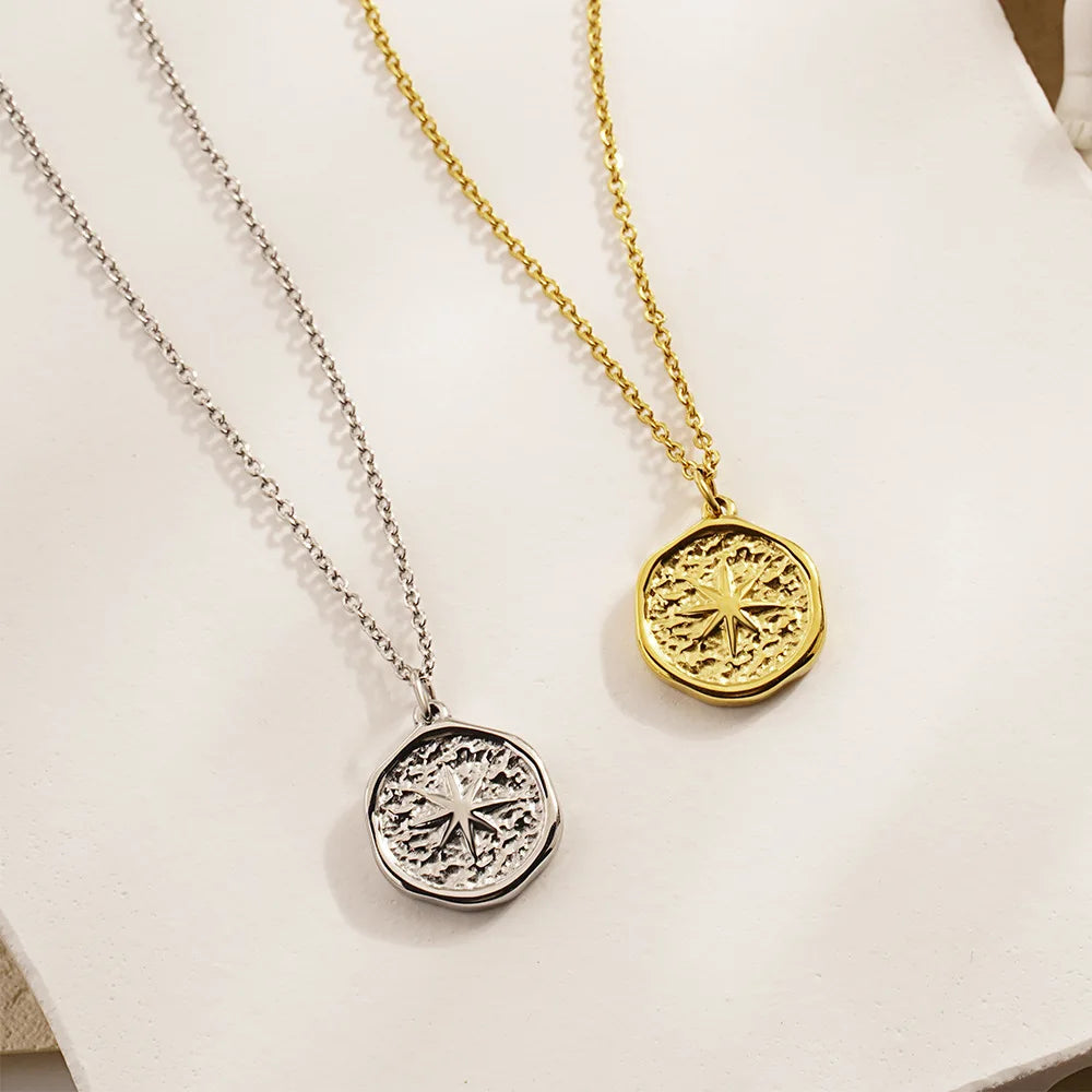 Irregular Gold Pleated Eight Pointed Star Pendant Necklace Stainless Steel Jewelry