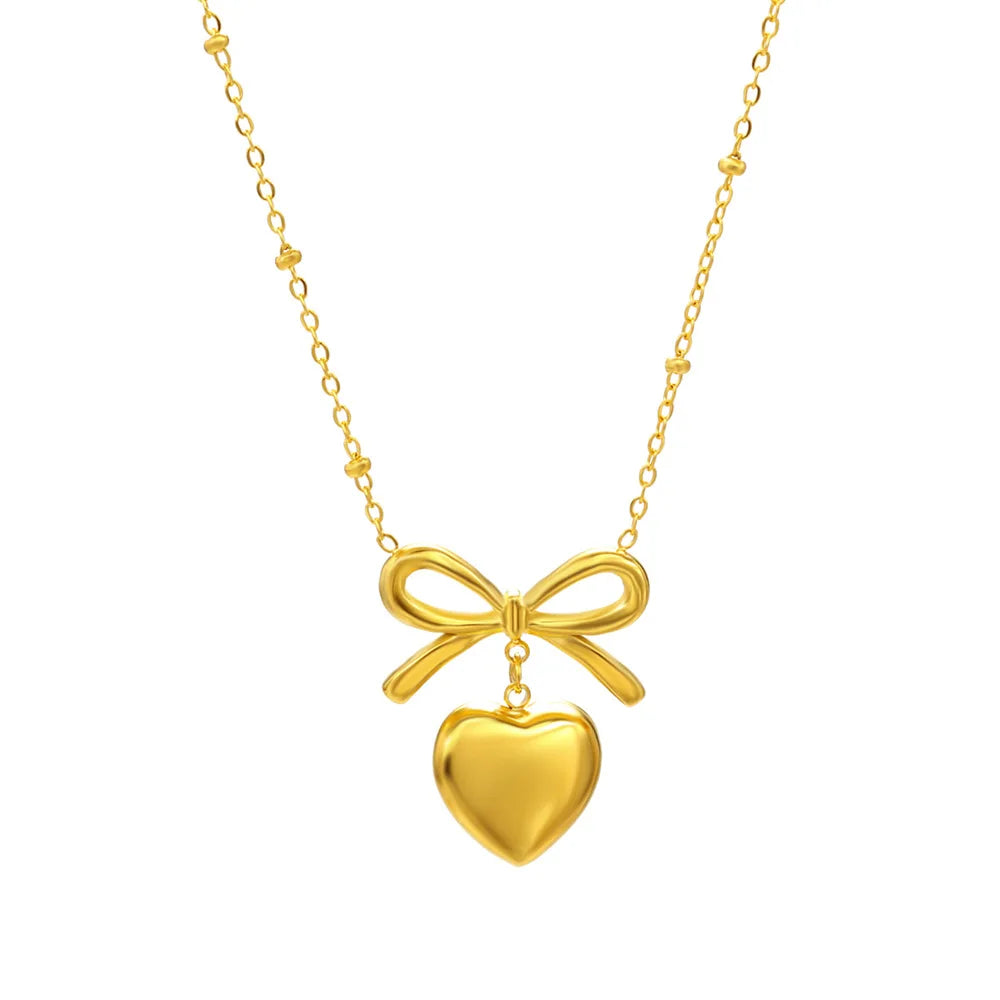 Elegant Bow Knot Heart Necklace Stainless Steel 18K Gold Jewelry