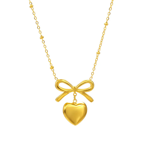 Elegant Bow Knot Heart Necklace Stainless Steel 18K Gold Jewelry