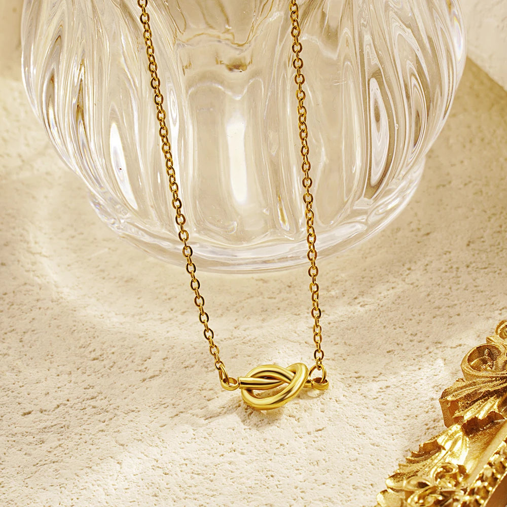 Stainless Steel Love Tie a Knot Gold Plated Pendant Necklace Jewelry Gift For Her