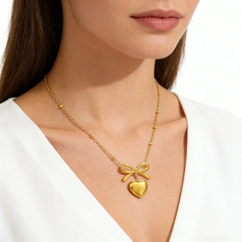 Elegant Bow Knot Heart Necklace Stainless Steel 18K Gold Jewelry